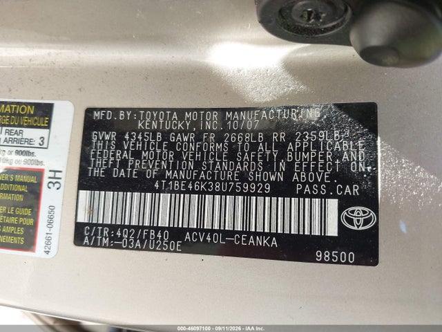 Продажа на аукционе авто 2008 Toyota Camry Le, vin: 4T1BE46K38U759929, номер лота: 46097100