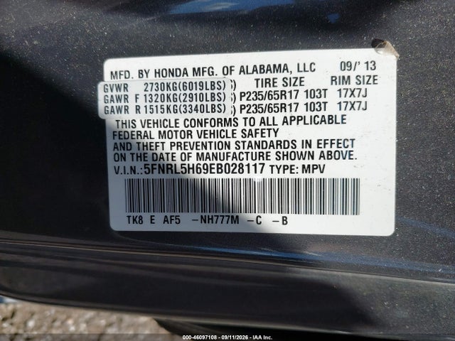 2014 Honda Odyssey Ex-l მანქანა იყიდება აუქციონზე, vin: 5FNRL5H69EB028117, აუქციონის ნომერი: 46097108