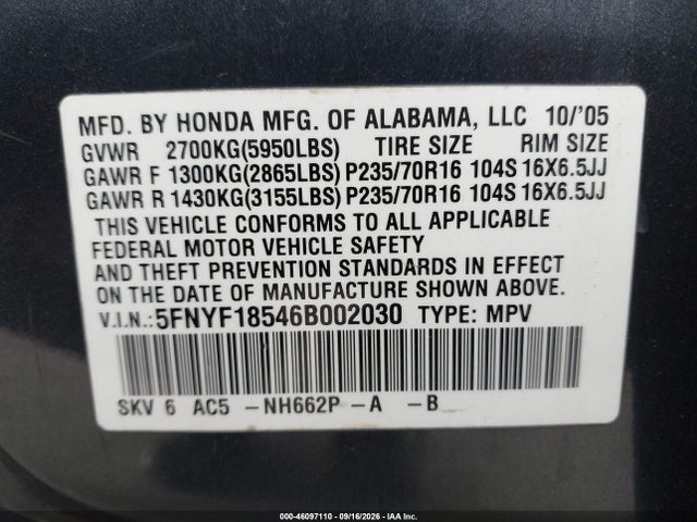 Продажа на аукционе авто 2006 Honda Pilot Ex-l, vin: 5FNYF18546B002030, номер лота: 46097110