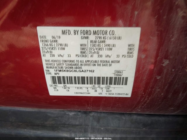 2020 Ford Explorer St მანქანა იყიდება აუქციონზე, vin: 1FM5K8GC8LGA27162, აუქციონის ნომერი: 46097113