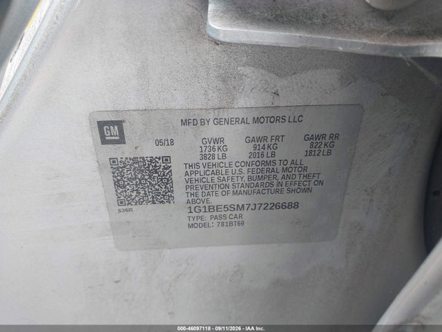 46097118 :رقم المزاد ، 1G1BE5SM7J7226688 vin ، 2018 Chevrolet Cruze Lt Auto مزاد بيع