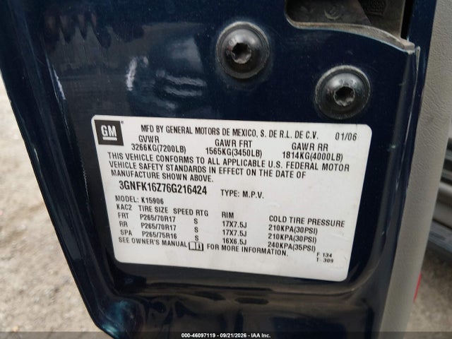 2006 Chevrolet Suburban 1500 Z71 მანქანა იყიდება აუქციონზე, vin: 3GNFK16Z76G216424, აუქციონის ნომერი: 46097119