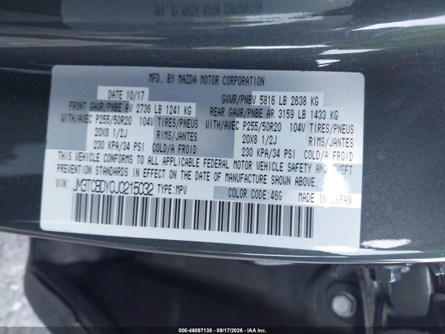 46097138 :رقم المزاد ، JM3TCBDY0J0215032 vin ، 2018 Mazda Cx-9 Grand Touring مزاد بيع