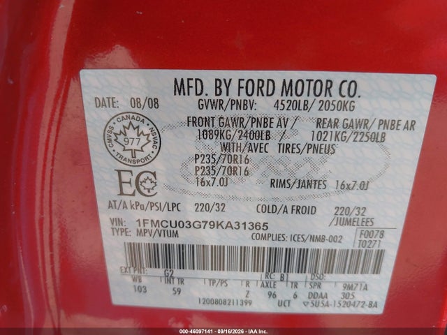2009 Ford Escape Xlt მანქანა იყიდება აუქციონზე, vin: 1FMCU03G79KA31365, აუქციონის ნომერი: 46097141
