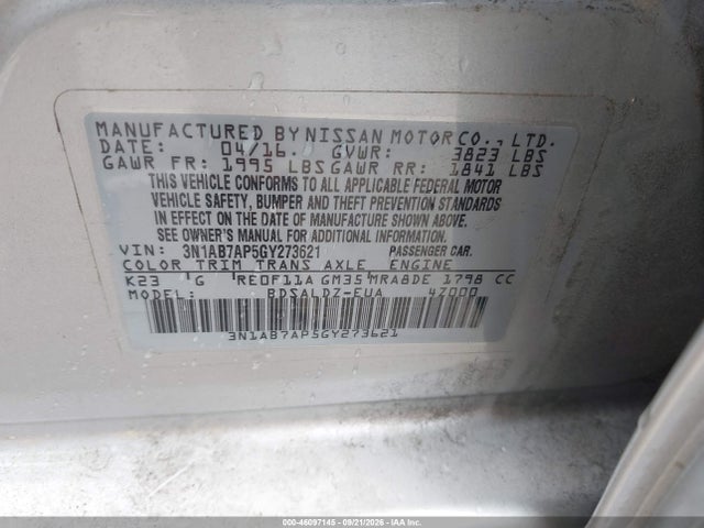 Продажа на аукционе авто 2016 Nissan Sentra Sv, vin: 3N1AB7AP5GY273621, номер лота: 46097145