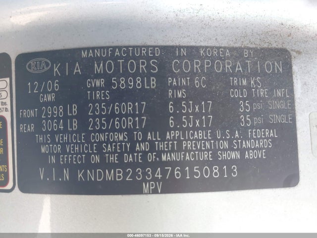 Aukcja sprzedaży 2007 Kia Sedona Ex, vin: KNDMB233476150813, numer aukcji: 46097153