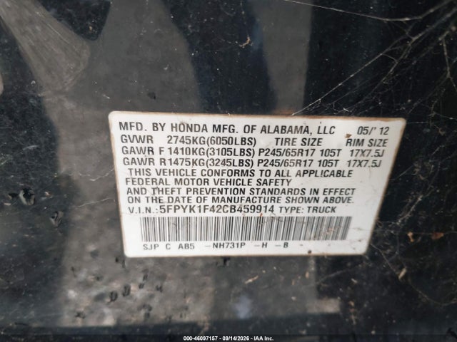 46097157 :رقم المزاد ، 5FPYK1F42CB459914 vin ، 2012 Honda Ridgeline Rts مزاد بيع