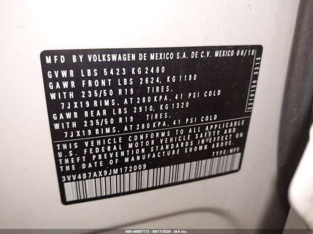 46097172 :رقم المزاد ، 3VV4B7AX9JM172009 vin ، 2018 Volkswagen Tiguan 2.0t Sel Premium مزاد بيع