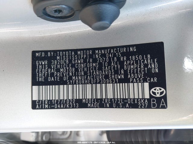 2015 Toyota Corolla S Plus მანქანა იყიდება აუქციონზე, vin: 5YFBURHE0FP309631, აუქციონის ნომერი: 46097179