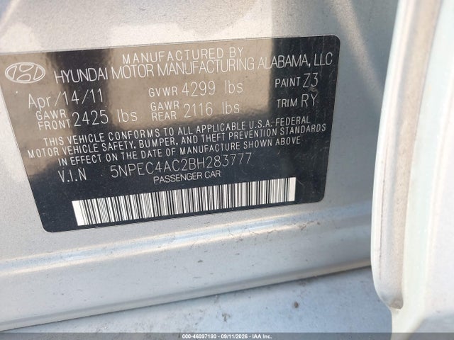 2011 Hyundai Sonata Se მანქანა იყიდება აუქციონზე, vin: 5NPEC4AC2BH283777, აუქციონის ნომერი: 46097180