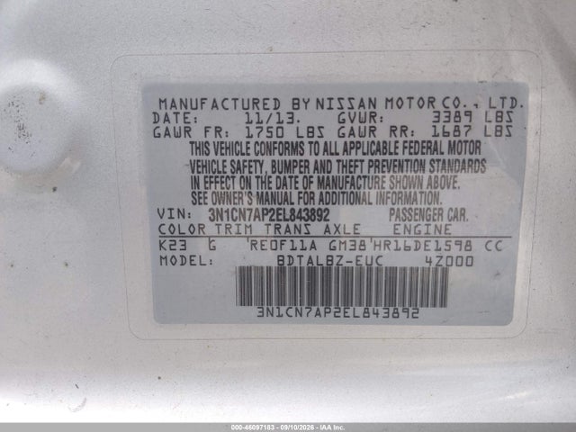 Aukcja sprzedaży 2014 Nissan Versa 1.6 Sv, vin: 3N1CN7AP2EL843892, numer aukcji: 46097183