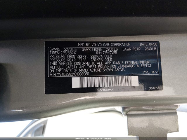 Продаж на аукціоні авто 2008 Volvo Xc70 3.2, vin: YV4BZ982181038980, номер лоту: 46097185