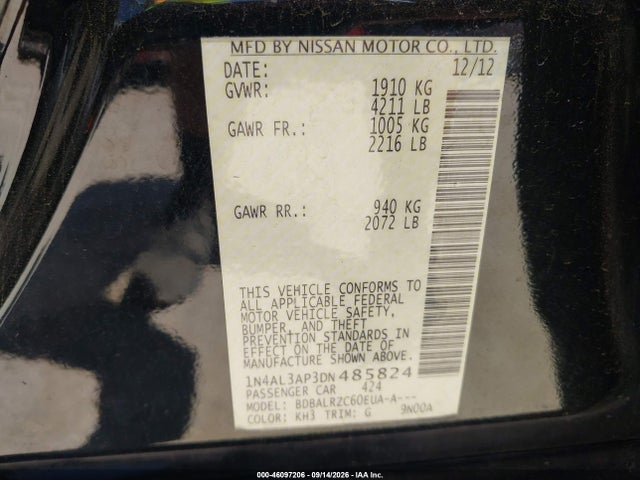 2013 Nissan Altima 2.5 S მანქანა იყიდება აუქციონზე, vin: 1N4AL3AP3DN485824, აუქციონის ნომერი: 46097206
