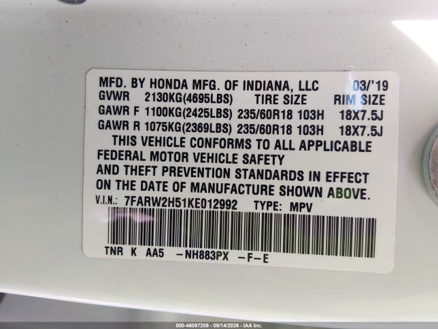 2019 Honda Cr-v Ex მანქანა იყიდება აუქციონზე, vin: 7FARW2H51KE012992, აუქციონის ნომერი: 46097209