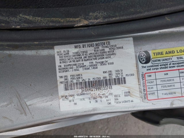 Aukcja sprzedaży 2009 Ford Fusion Se, vin: 3FAHP07Z99R133748, numer aukcji: 46097216