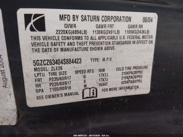 Aukcja sprzedaży 2004 Saturn Vue V6, vin: 5GZCZ63404S884423, numer aukcji: 46097221