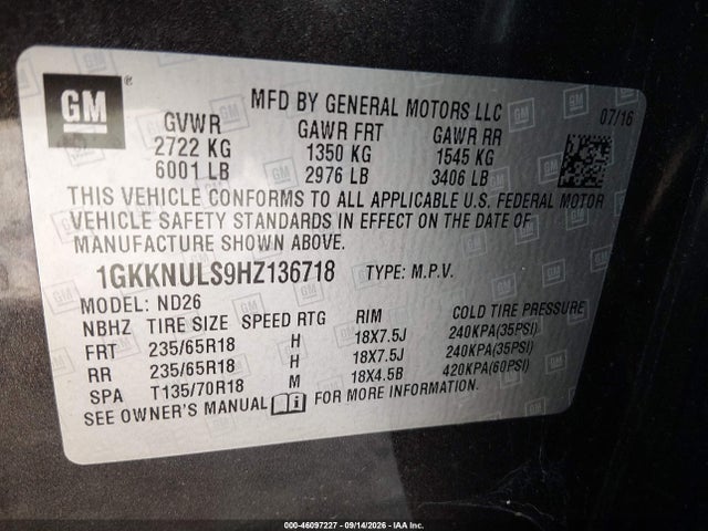 46097227 :رقم المزاد ، 1GKKNULS9HZ136718 vin ، 2017 Gmc Acadia Slt-1 مزاد بيع