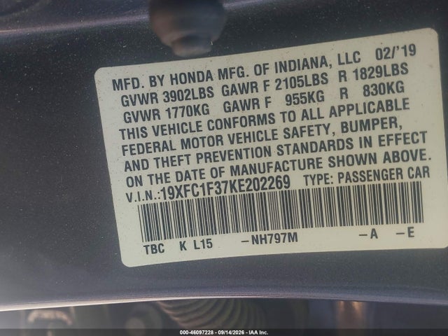 Продаж на аукціоні авто 2019 Honda Civic Ex, vin: 19XFC1F37KE202269, номер лоту: 46097228