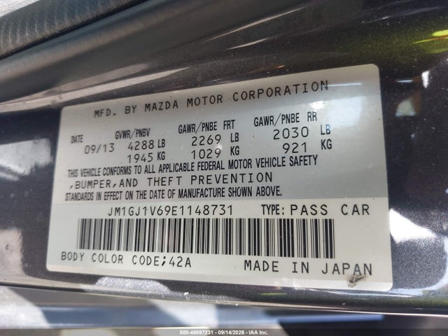 2014 Mazda Mazda6 I Touring მანქანა იყიდება აუქციონზე, vin: JM1GJ1V69E1148731, აუქციონის ნომერი: 46097231