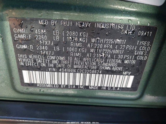 Продаж на аукціоні авто 2012 Subaru Outback 2.5i Limited, vin: 4S4BRBKC2C3208624, номер лоту: 46097233