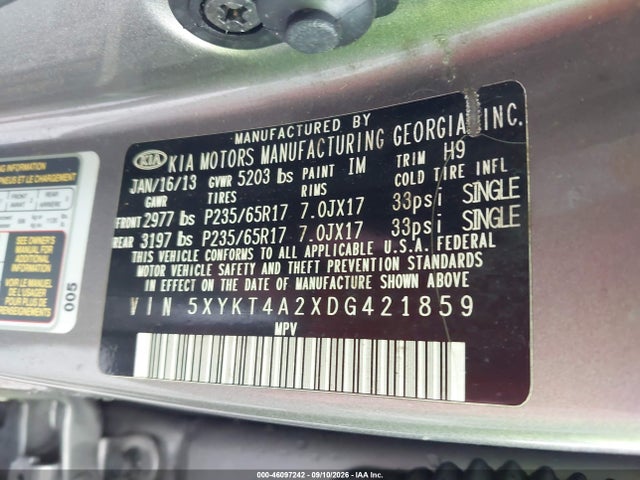 Продажа на аукционе авто 2013 Kia Sorento Lx V6, vin: 5XYKT4A2XDG421859, номер лота: 46097242