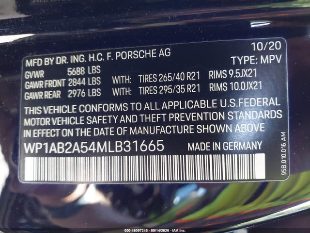 2021 Porsche Macan S მანქანა იყიდება აუქციონზე, vin: WP1AB2A54MLB31665, აუქციონის ნომერი: 46097245