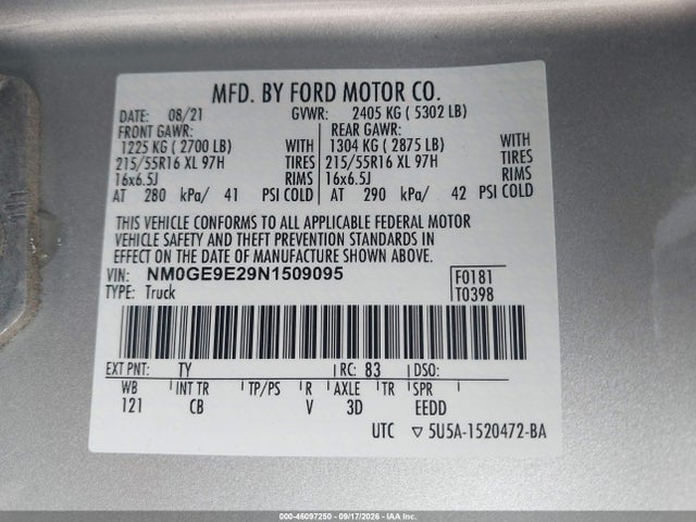 46097250 :رقم المزاد ، NM0GE9E29N1509095 vin ، 2022 Ford Transit Connect Xl Passenger مزاد بيع