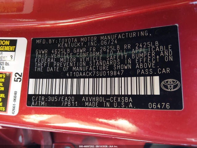 46097252 :رقم المزاد ، 4T1DAACK7SU019847 vin ، 2025 Toyota Camry Se مزاد بيع