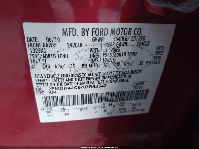 Продаж на аукціоні авто 2010 Ford Edge Sel, vin: 2FMDK4JC5ABB63542, номер лоту: 46097256