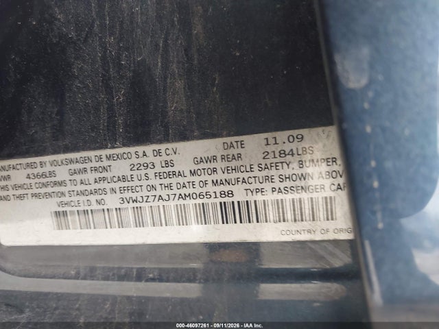 Aukcja sprzedaży 2010 Volkswagen Jetta S, vin: 3VWJZ7AJ7AM065188, numer aukcji: 46097261