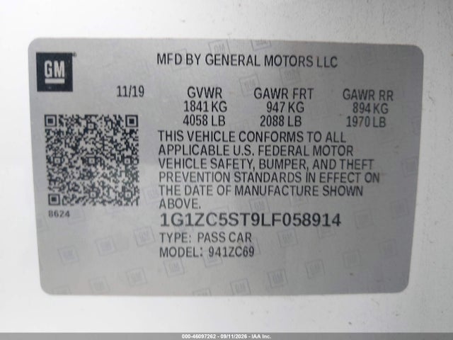 46097262 :رقم المزاد ، 1G1ZC5ST9LF058914 vin ، 2020 Chevrolet Malibu Fwd 1fl مزاد بيع