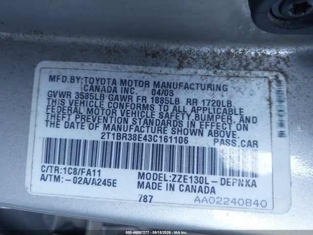 46097277 :رقم المزاد ، 2T1BR38E43C161106 vin ، 2003 Toyota Corolla Le مزاد بيع