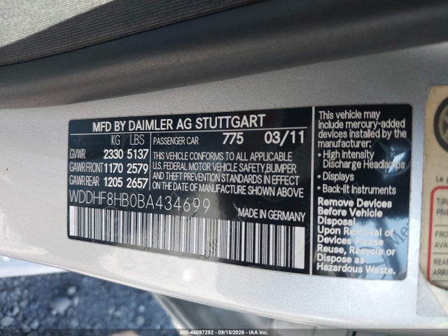 Aukcja sprzedaży 2011 Mercedes-benz E 350 4matic, vin: WDDHF8HB0BA434699, numer aukcji: 46097292