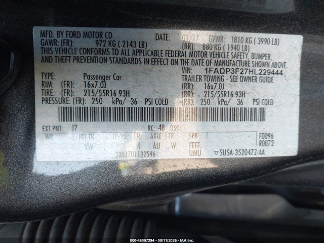 2017 Ford Focus Se მანქანა იყიდება აუქციონზე, vin: 1FADP3F27HL229444, აუქციონის ნომერი: 46097294