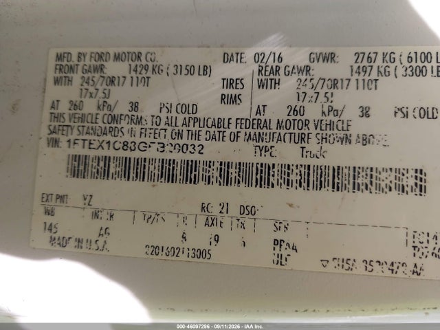 46097296 :رقم المزاد ، 1FTEX1C88GFB20032 vin ، 2016 Ford F-150 Xl مزاد بيع
