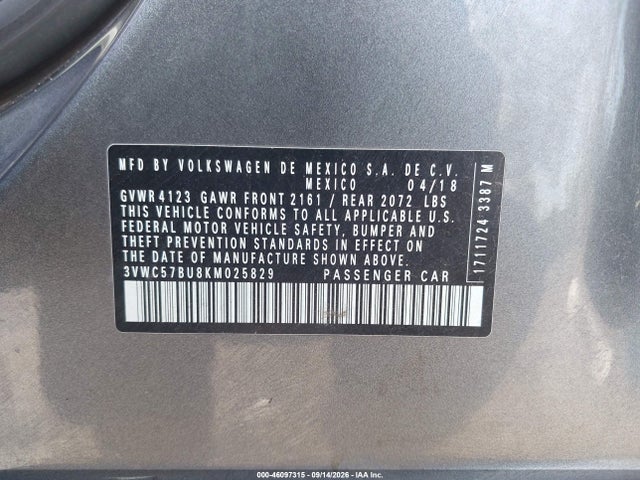 2019 Volkswagen Jetta 1.4t R-line/1.4t S/1.4t Se მანქანა იყიდება აუქციონზე, vin: 3VWC57BU8KM025829, აუქციონის ნომერი: 46097315