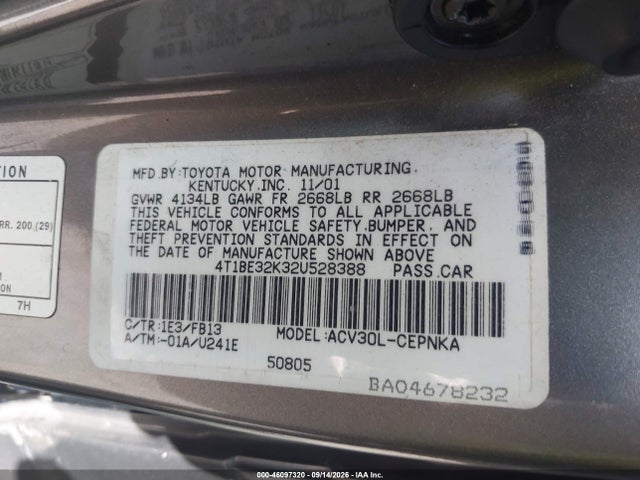 46097320 :رقم المزاد ، 4T1BE32K32U528388 vin ، 2002 Toyota Camry Le مزاد بيع