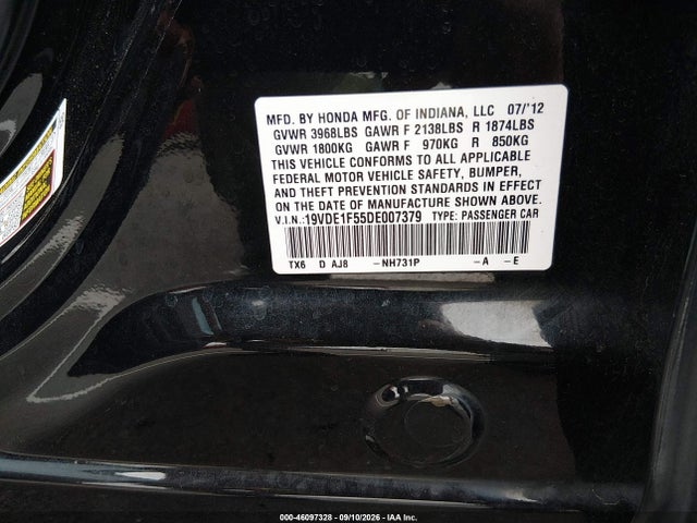 46097328 :رقم المزاد ، 19VDE1F55DE007379 vin ، 2013 Acura Ilx 2.0l مزاد بيع