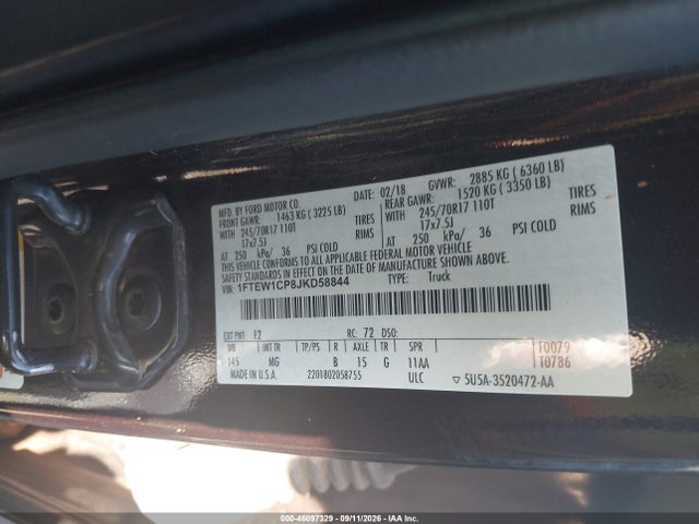 2018 Ford F-150 Xlt მანქანა იყიდება აუქციონზე, vin: 1FTEW1CP8JKD58844, აუქციონის ნომერი: 46097329