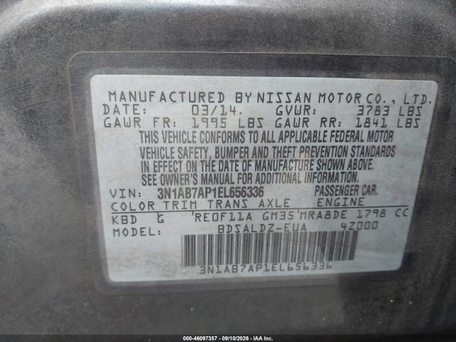 46097357 :رقم المزاد ، 3N1AB7AP1EL656336 vin ، 2014 Nissan Sentra Sv مزاد بيع