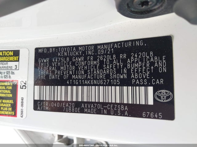 Aukcja sprzedaży 2022 Toyota Camry Se, vin: 4T1G11AK6NU627105, numer aukcji: 46097360