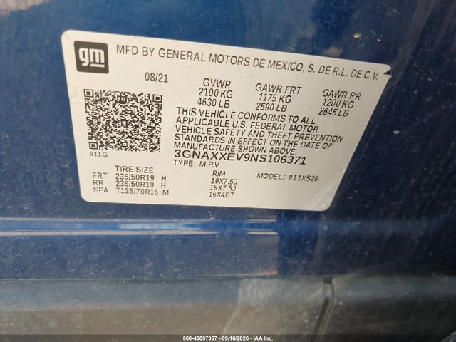 Aukcja sprzedaży 2022 Chevrolet Equinox Awd Premier, vin: 3GNAXXEV9NS106371, numer aukcji: 46097367