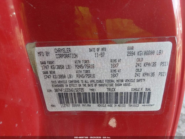 46097368 :رقم المزاد ، 3B7HF12Z2WG152725 vin ، 1998 Dodge Ram 1500 St مزاد بيع