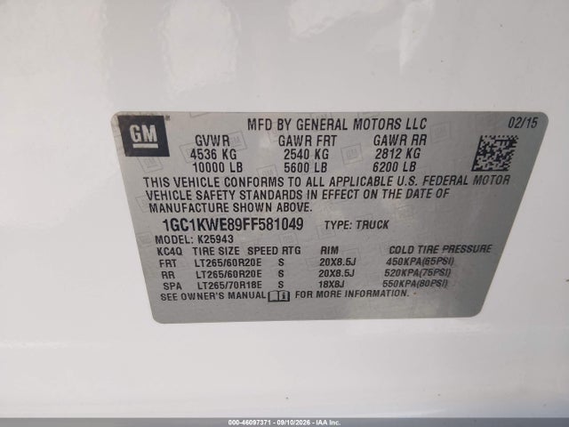 Aukcja sprzedaży 2015 Chevrolet Silverado 2500hd Ltz, vin: 1GC1KWE89FF581049, numer aukcji: 46097371