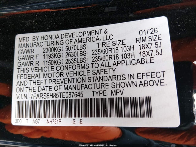 Продаж на аукціоні авто 2026 Honda Cr-v Hybrid Awd Sport-l, vin: 7FARS6H85TE087645, номер лоту: 46097375