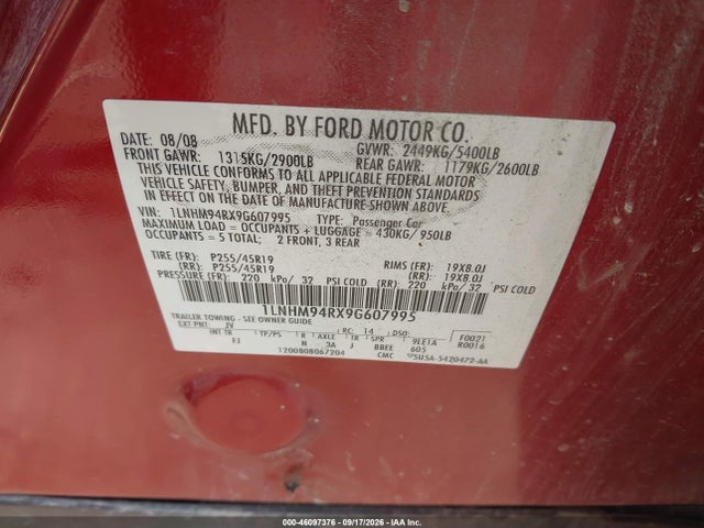 46097376 :رقم المزاد ، 1LNHM94RX9G607995 vin ، 2009 Lincoln Mks مزاد بيع
