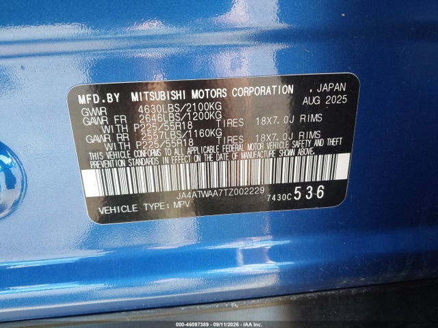 Продажа на аукционе авто 2026 Mitsubishi Eclipse Cross Black Edition S-awc/se S-awc/sel, vin: JA4ATWAA7TZ002229, номер лота: 46097389