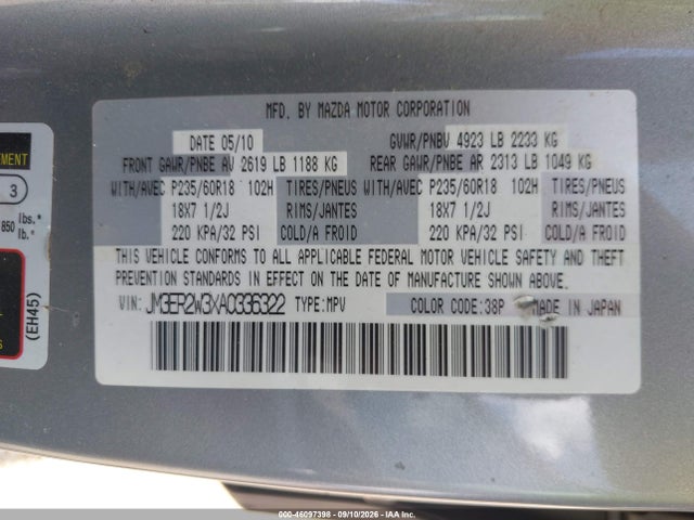 Aukcja sprzedaży 2010 Mazda Cx-7 S Touring, vin: JM3ER2W3XA0336322, numer aukcji: 46097398