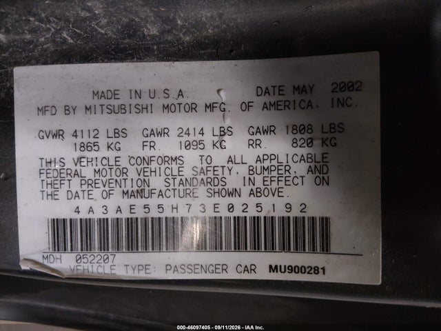Продаж на аукціоні авто 2003 Mitsubishi Eclipse Spyder Gt, vin: 4A3AE55H73E025192, номер лоту: 46097405