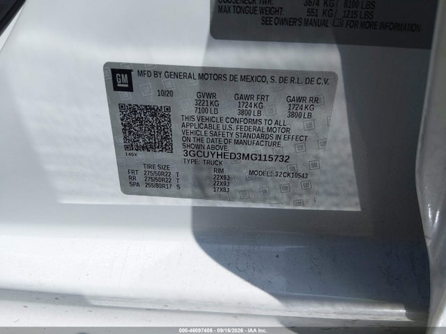 Продаж на аукціоні авто 2021 Chevrolet Silverado 1500 4wd  Short Bed High Country, vin: 3GCUYHED3MG115732, номер лоту: 46097406